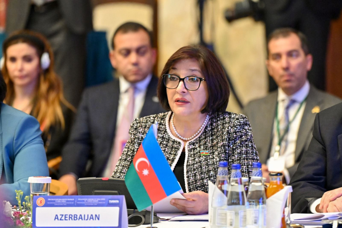 Milli Majlis Chair Sahiba Gafarova delivers a speech at TürkPA 12th plenary meeting