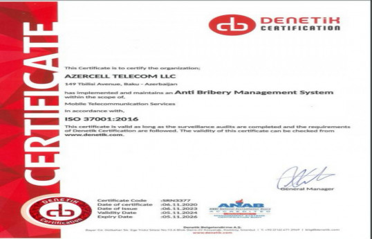 Azercell has successfully renewed its ISO 37001:2016 "Anti Bribery Management System" certificate