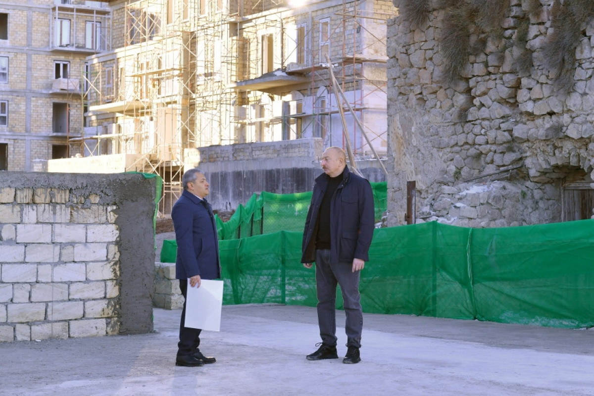 President Ilham Aliyev views construction works of the first residential complex consisting of 23 buildings in Shusha