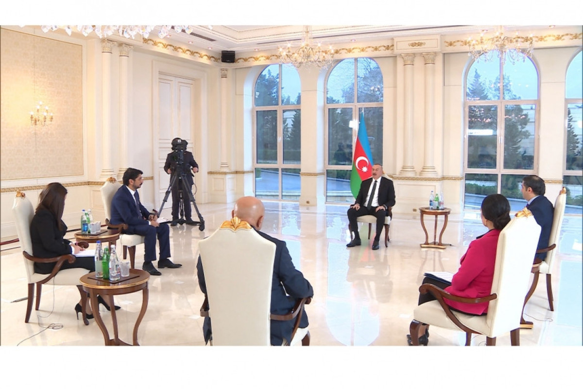 Azerbaijani President Ilham Aliyev being interviewed by local TV channels