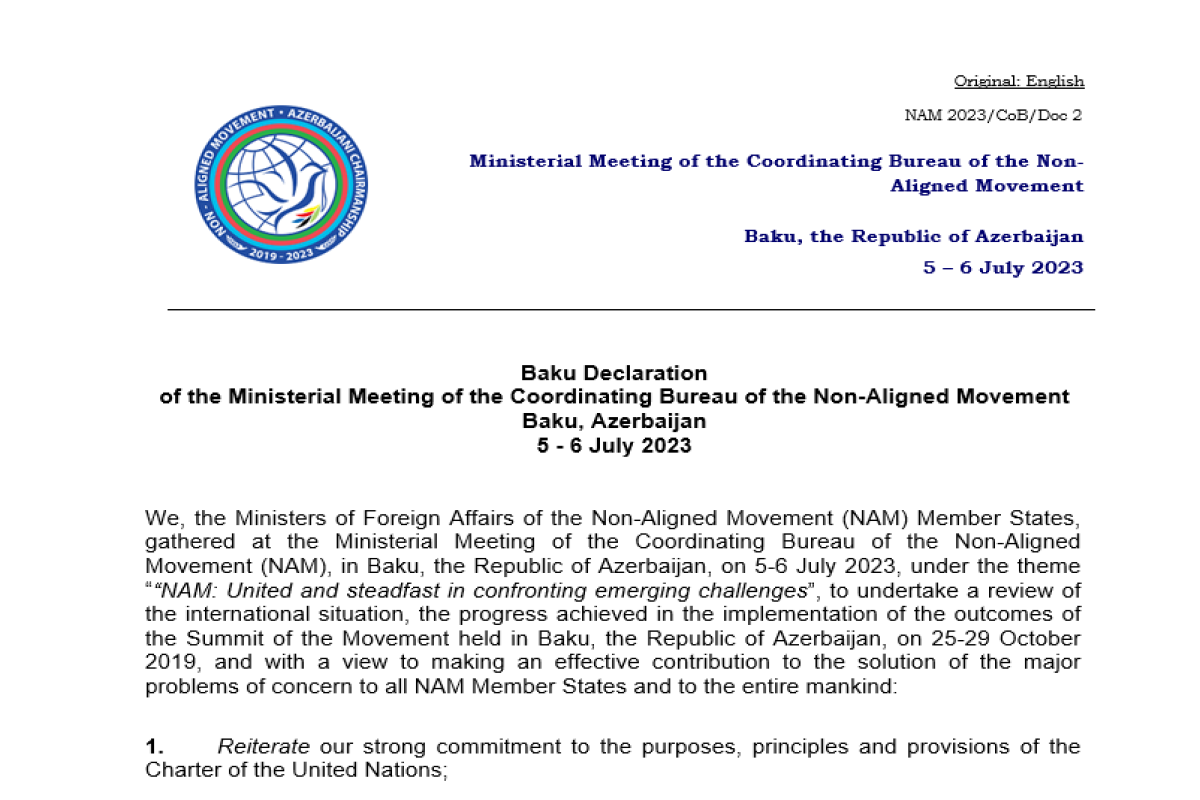 33-point Baku Declaration was signed at the ministerial meeting of the Coordination Bureau of the Non-Aligned Movement