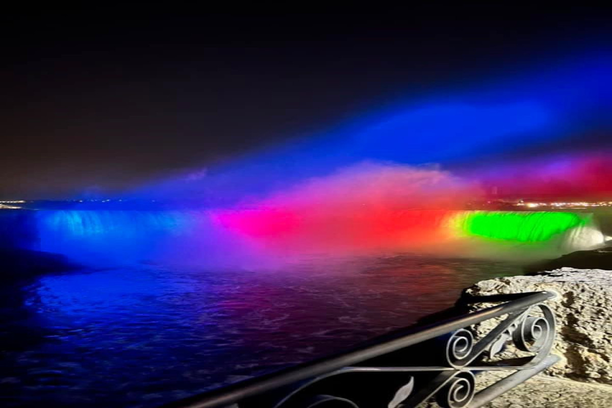 Niagara Falls illustrated with colors of Azerbaijani Flag-PHOTO -VIDEO 