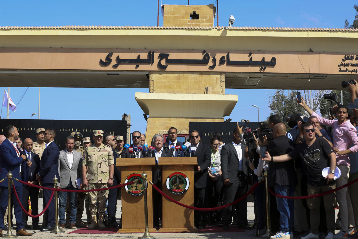 The UN Secretary-General Antonio Guterres speaks at the Rafah border crossing, Egypt