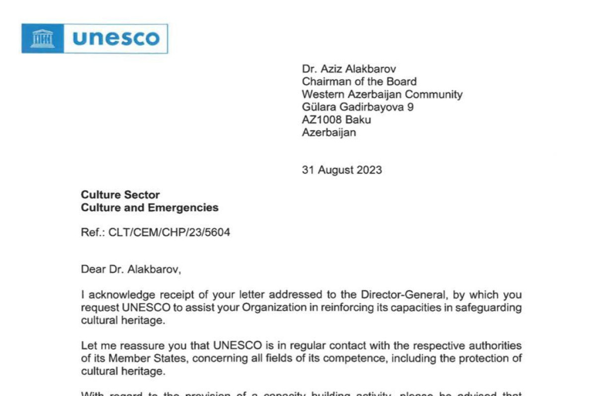 Western Azerbaijan Community to cooperate with UNESCO for preservation of Azerbaijani cultural heritage in Armenia