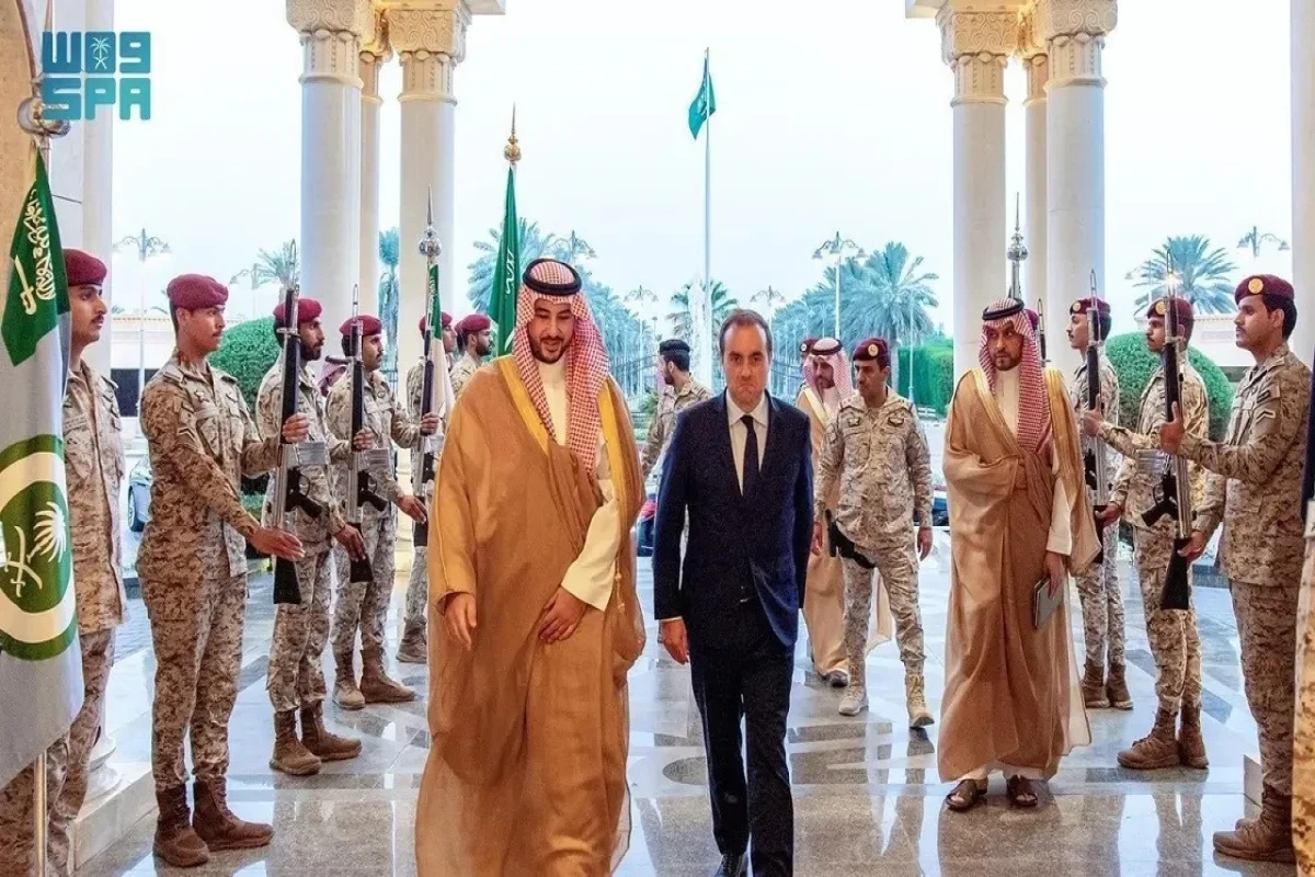 Saudi Arabia’s Defense Minister Prince Khalid bin Salman and his French counterpart Sebastien Lecornu