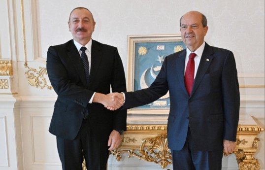Ilham Aliyev, President of Azerbaijan and  Marija Pejčinović Burić, the Secretary General of the Council of Europe and President of Turkish Republic of Northern Cyprus Ersin Tatar