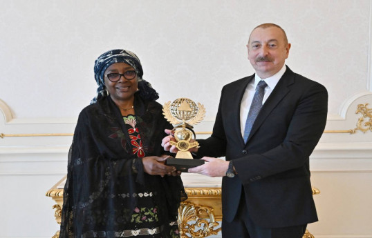 The Secretary-General of International Civil Defence Organization (ICDO) Njoupouo Yap Mariatou and  the President of the Republic of Azerbaijan Ilham Aliyev