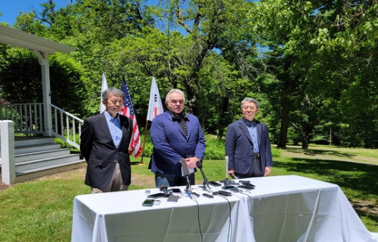 U.S. Deputy Secretary of State Kurt Campbell (C) speaks to the press before a trilateral meeting with South Korea's Vice Foreign Minister Kim Hong-kyun (R) and Japanese Vice Foreign Minister Masataka Okano at Iron Bell Farm in Virginia on May 31, 2024