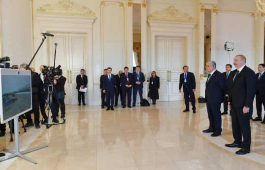 Azerbaijani, Kazakh Presidents watched the arrival of the container train from China to Baku via video link -UPDATED 