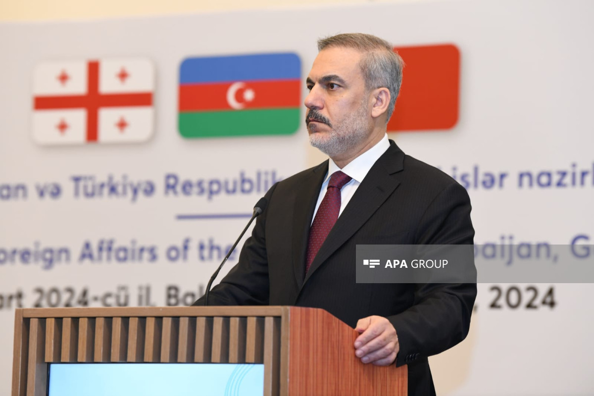 Turkish Foreign Minister Hakan Fidan  speaks at a briefing on the results of the tripartite meeting of the foreign ministers of Azerbaijan, Georgia, and Türkiye held in Baku on March 15