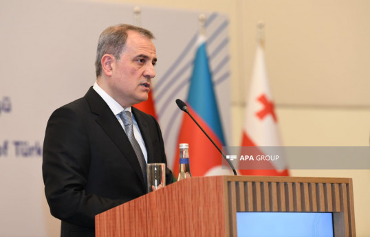 Azerbaijan's Foreign Minister Jeyhun Bayramov  speaks at a briefing on the results of the tripartite meeting of the foreign ministers of Azerbaijan, Georgia, and Türkiye held in Baku on March 15