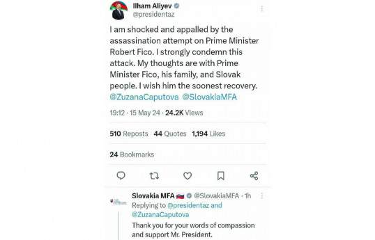 Slovakian MFA thanked President Ilham Aliyev for his post about Robert Fico