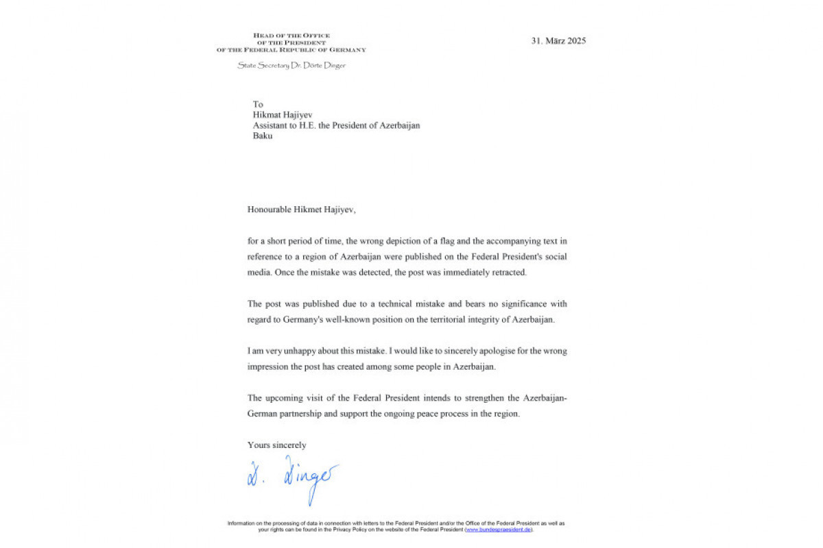 Office of German President offers apologies to Azerbaijani side regarding post published on Federal President’s social media