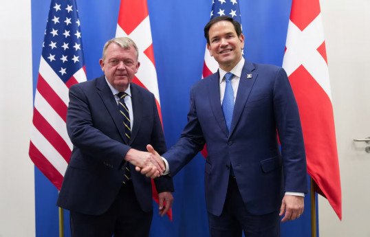 U.S. Secretary of State Marco Rubio shakes hands with Danish Foreign Minister Lars Lokke Rasmussen