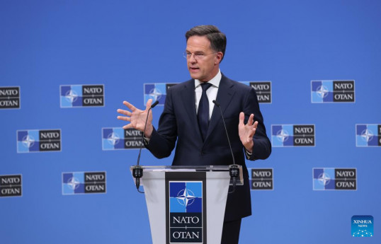 North Atlantic Treaty Organization (NATO) Secretary General Mark Rutte speaks at a press conference following a NATO foreign ministers meeting at the NATO headquarters in Brussels