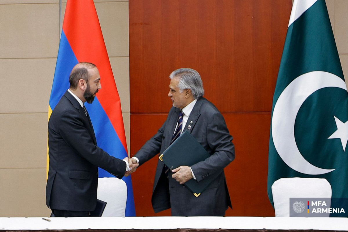 Armenian Foreign Minister Ararat Mirzoyan and Pakistani Foreign Minister Muhammad Ishaq Dor