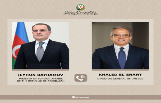 Minister of Foreign Affairs of the Republic of Azerbaijan Jeyhun Bayramov, the newly elected Secretary-General of the United Nations Educational, Scientific and Cultural Organization (UNESCO) Khaled El-Enani