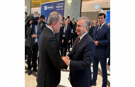 Azerbaijani Foreign Minister Jeyhun Bayramov, Uzbek President Shavkat Mirziyoyev