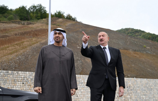 Presidents of Azerbaijan and United Arab Emirates posed for photo against background of Dashalti village in Shusha district