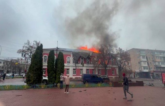 Russian military drone strikes city hall in Chernihiv region, starts fire