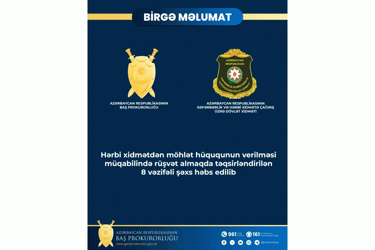 Eight mobilisation service officials arrested over bribery in Azerbaijan