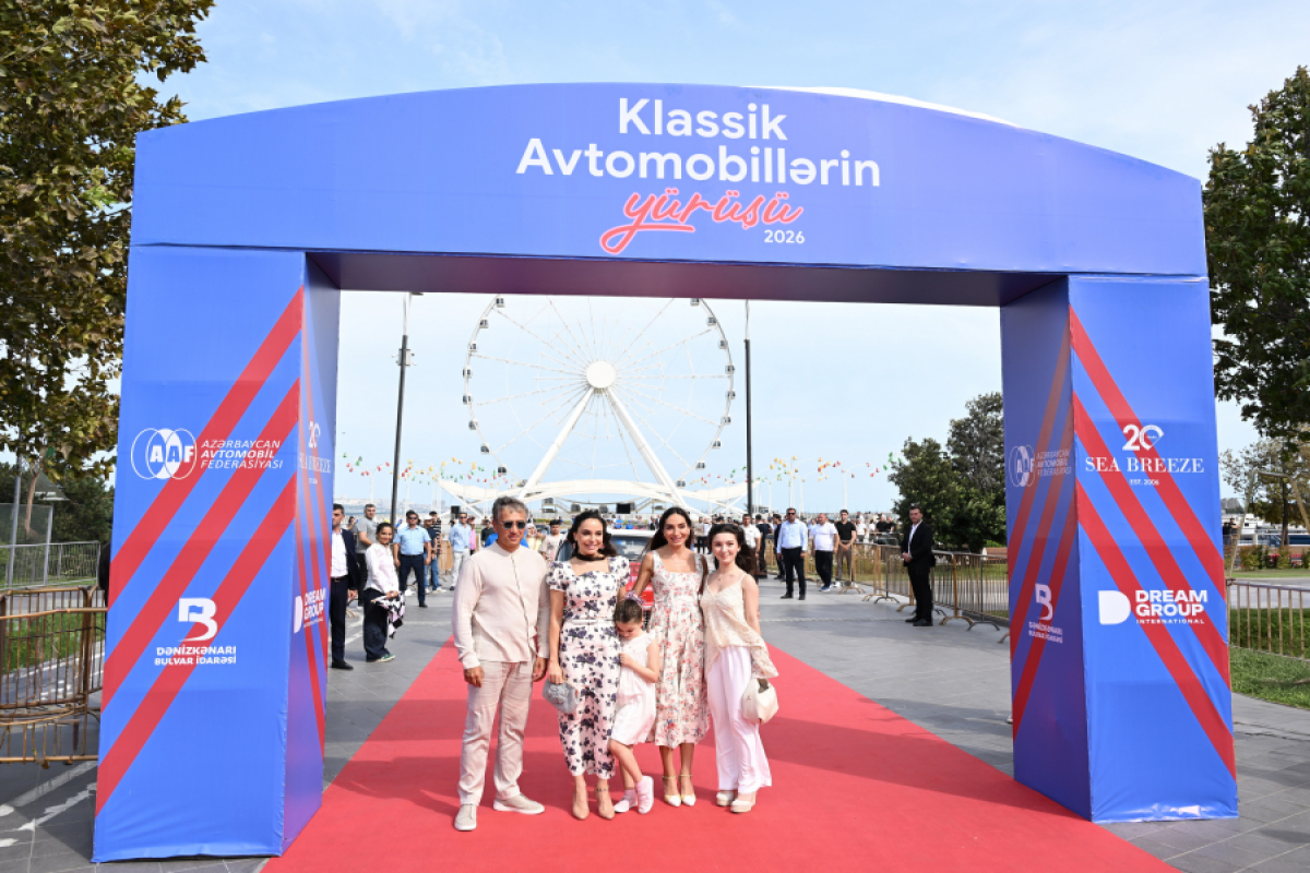 Vice-President of Heydar Aliyev Foundation Leyla Aliyeva and Arzu Aliyeva watches classic car parade and exhibition
