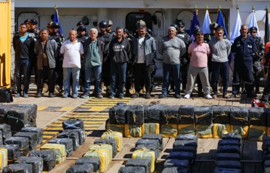 El Salvador Navy displays seized cocaine aboard intercepted vessel, in La Union