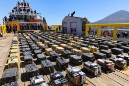 El Salvador Navy displays seized cocaine aboard intercepted vessel, in La Union