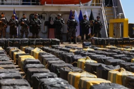 El Salvador Navy displays seized cocaine aboard intercepted vessel, in La Union