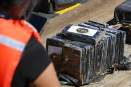 El Salvador Navy displays seized cocaine aboard intercepted vessel, in La Union