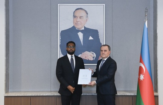 Newly appointed Ambassador of Somalia to Azerbaijan Abdinur Dahir Fidou and Foreign Minister jeyhun Bayramov
