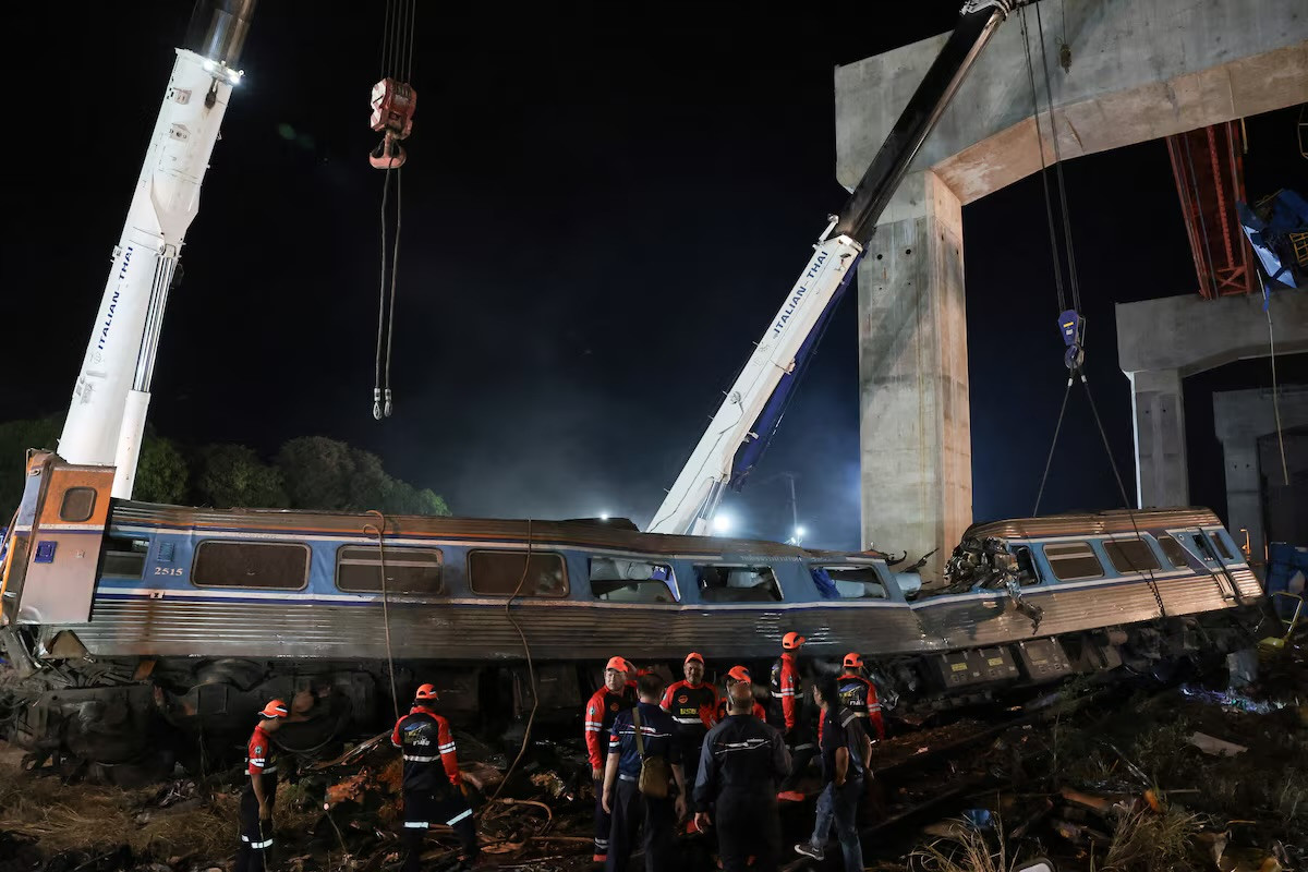 At least 32 killed after crane falls on train in Thailand