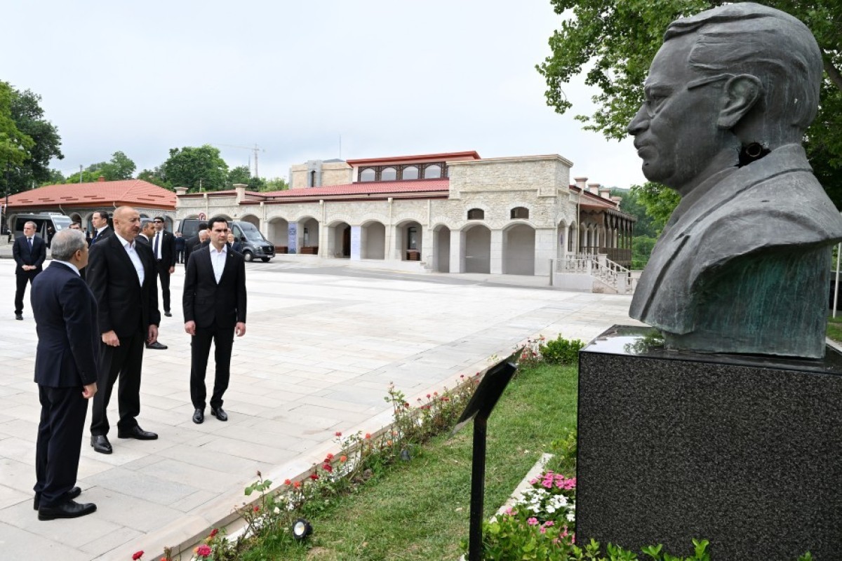 Presidents Ilham Aliyev and Serdar Berdimuhamedov view bullet-riddled busts in Shusha damaged during occupation