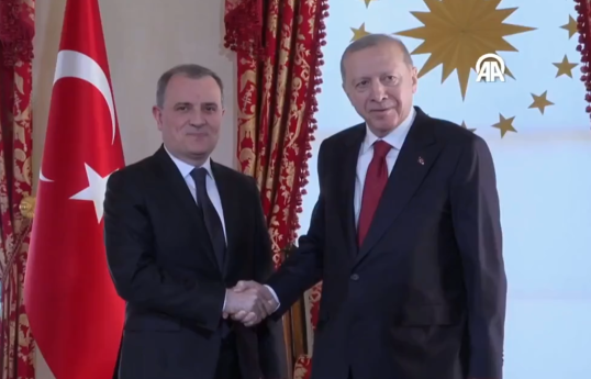 Jeyhun Bayramov, Azerbaijani FM and President of Türkiye Recep Tayyip Erdoğan