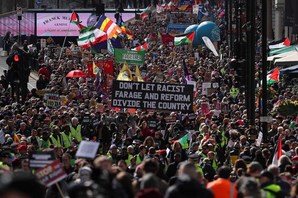 Protesters march in London to oppose the rise of political right