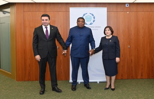 Armenian Speaker Alen Simonyan, Secretary General of the Inter-Parliamentary Union Martin Chungong, Speaker of the Milli Majlis Sahiba Gafarova