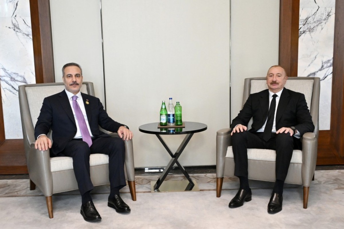 Minister of Foreign Affairs of the Republic of Türkiye, Hakan Fidan and Ilham Aliyev, President of the Republic of Azerbaijan