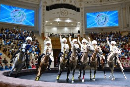 Leyla Aliyeva watches performance of Turkmen iconic Galkynysh national equestrian group in Arkadag city