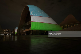 Heydar Aliyev Center building is illuminated in colors of Uzbek flag