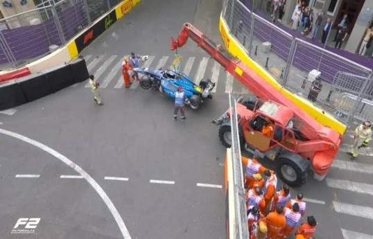 Several cars collide during Formula 2 sprint race in Baku
